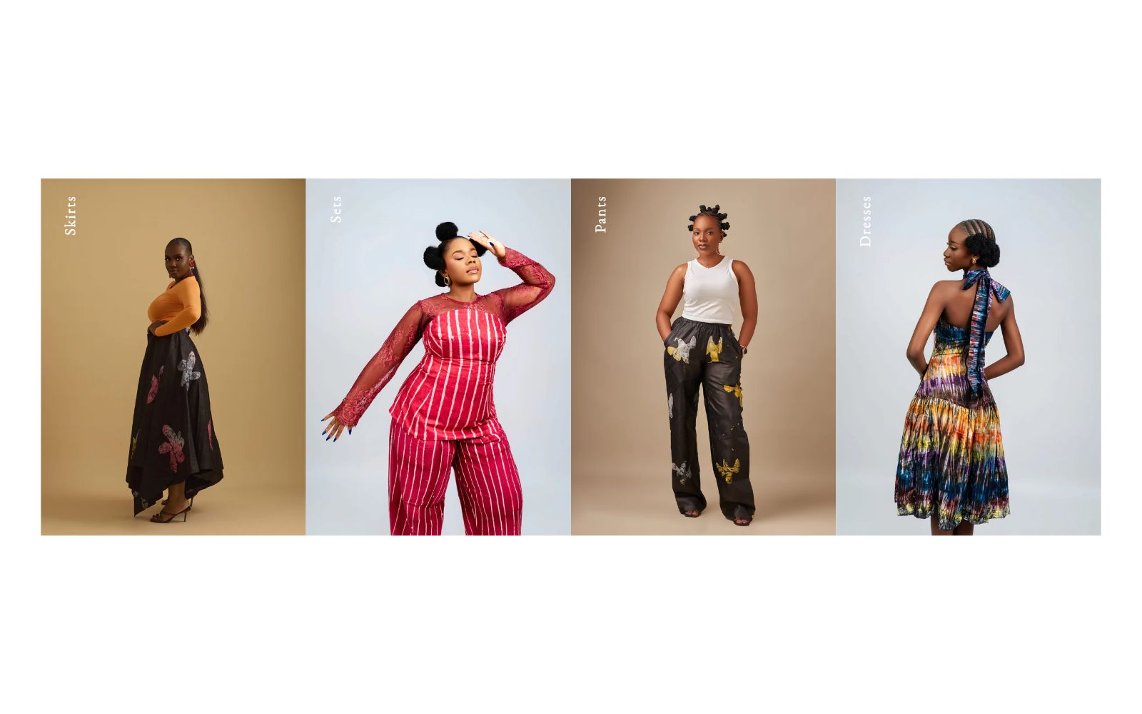 KiloKosi category strip of four equal vertical fashion photographs labelled Skirts, Sets, Pants, and Dresses, matted on white.