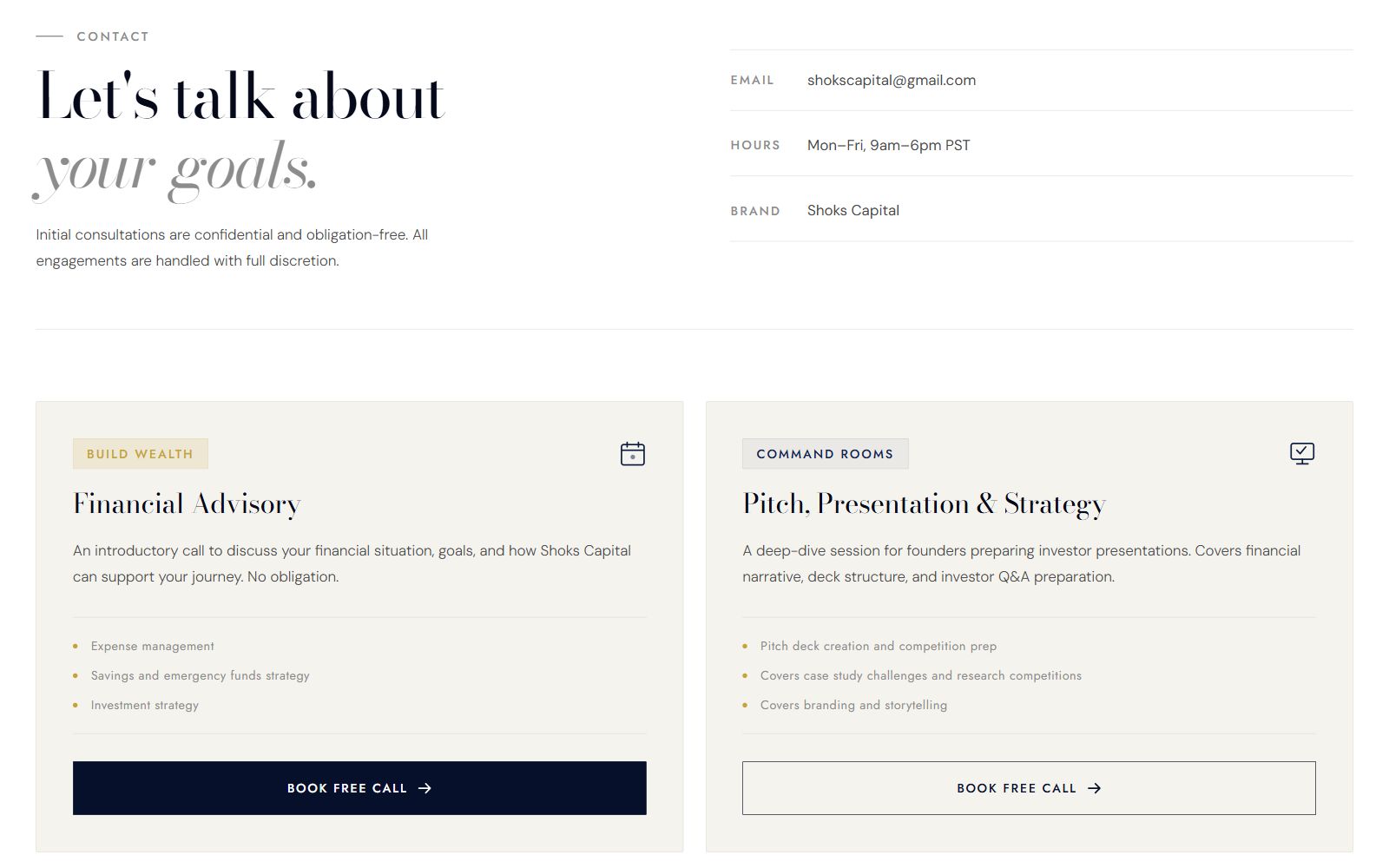 Shoks Capital contact section on an ivory background: a Let's talk about your goals heading beside email, hours, and brand details, above two booking cards, Financial Advisory and Pitch, Presentation & Strategy, each with a Book Free Call button.