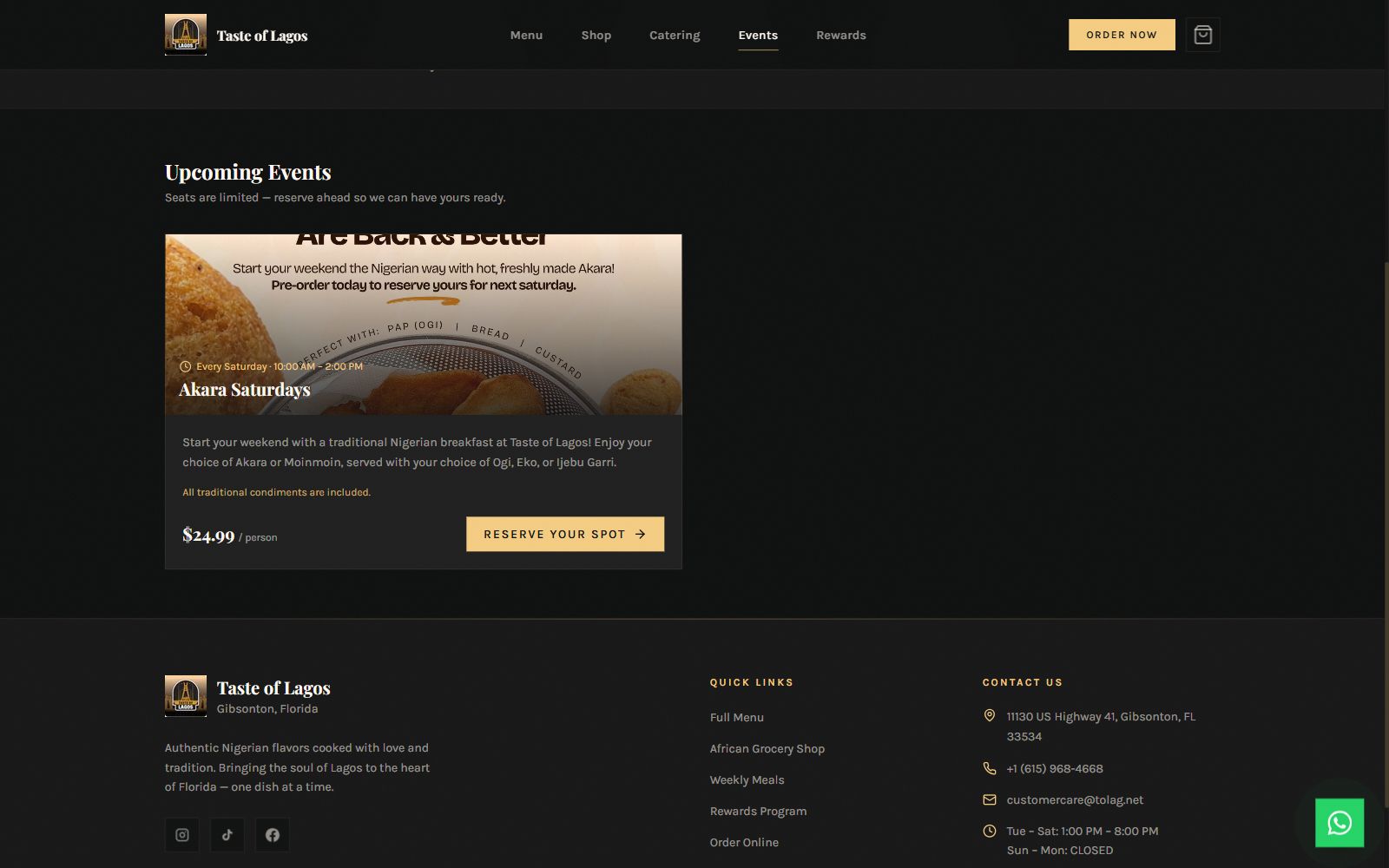 Taste of Lagos events page on a dark background: an Akara Saturdays event card listing a $24.99-per-person price and a Reserve Your Spot button.