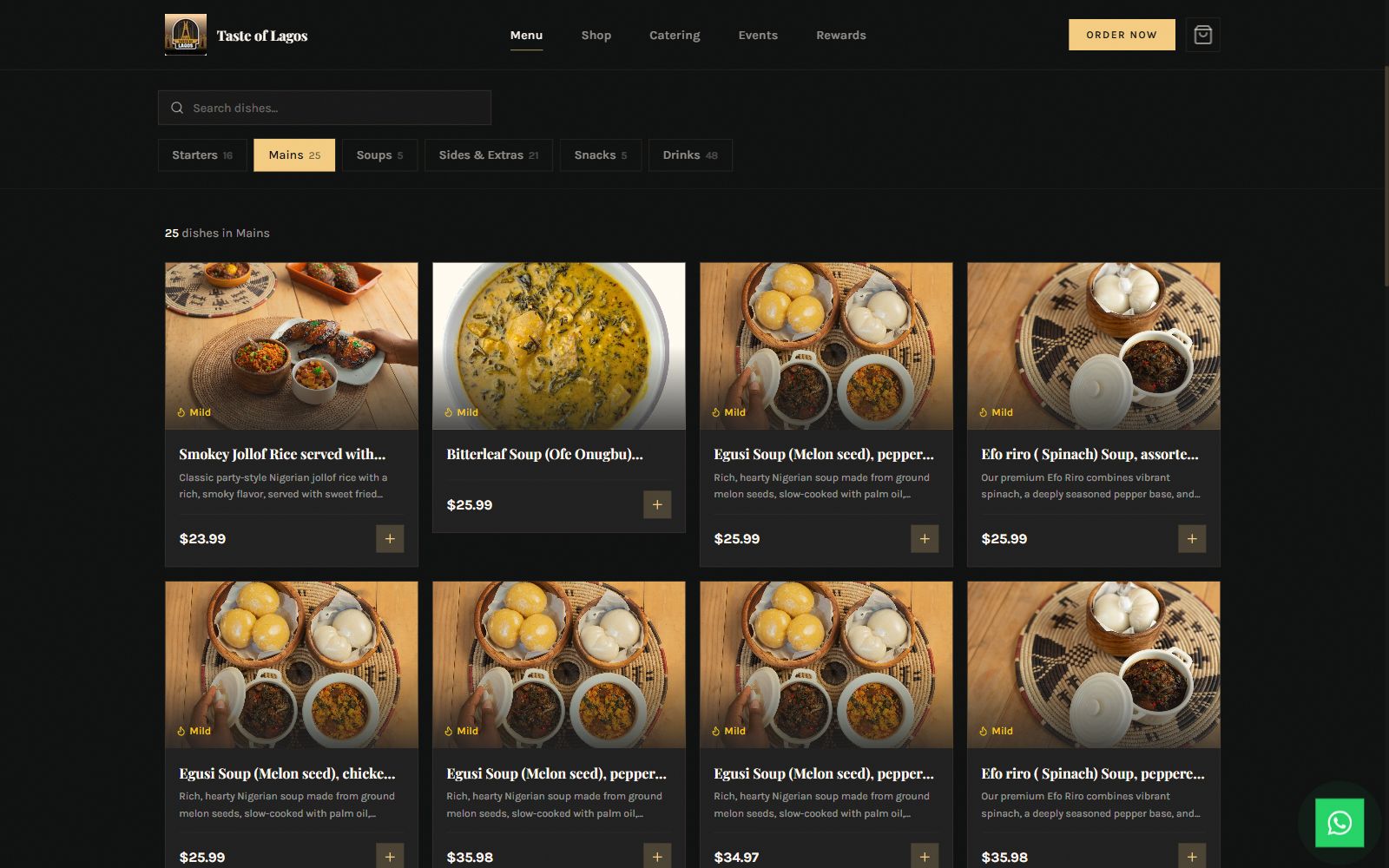 Taste of Lagos menu page on a dark background: category tabs for Starters, Mains, Soups, Sides & Extras, Snacks, and Drinks above a grid of dish photos with prices.