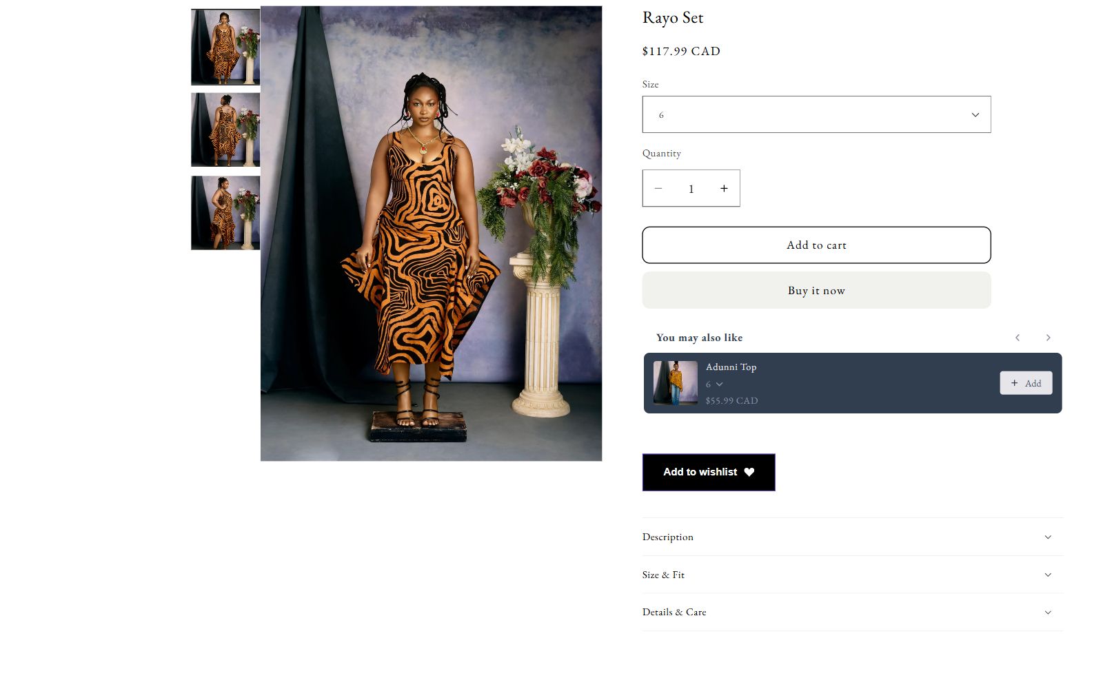 KiloKosi product page for the Rayo Set: a thumbnail gallery beside a large photo of a model in an orange swirl-print dress, with size selector, quantity stepper, Add to cart and Buy it now buttons, a You may also like cross-sell card, and an Add to wishlist button.