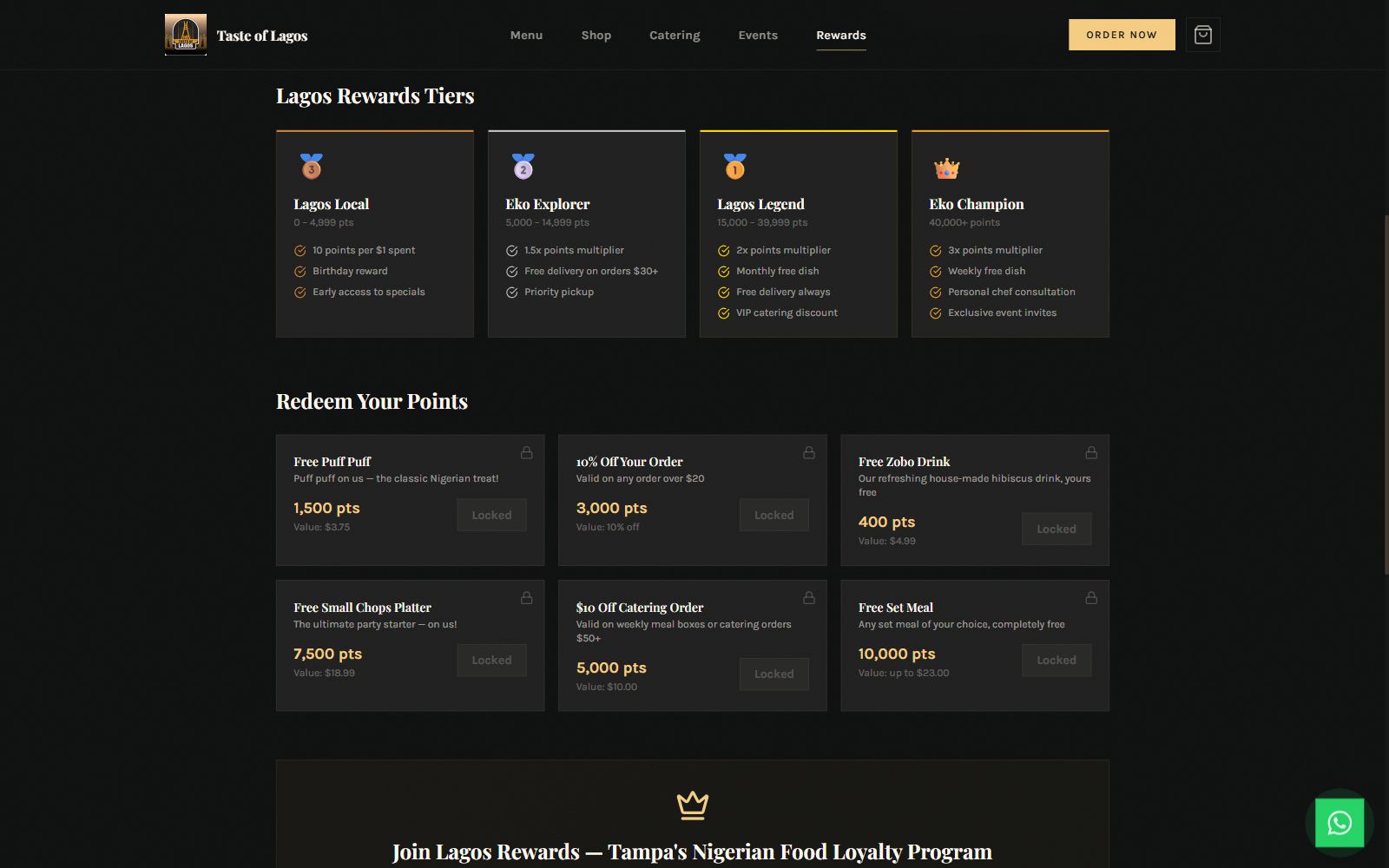 Taste of Lagos rewards page on a dark background: four loyalty tier cards with medal icons, point thresholds, and perk lists, above a grid of redeemable rewards.
