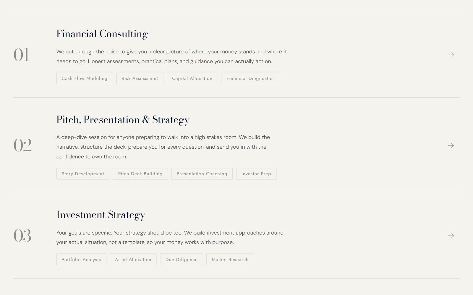 Shoks Capital numbered service index on ivory: rows 01 Financial Consulting, 02 Pitch Presentation & Strategy, and 03 Investment Strategy, each with a short description and a tag list of coverage areas.