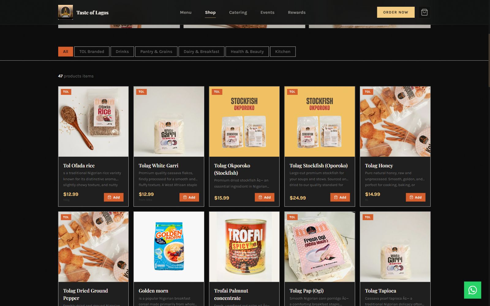 Taste of Lagos shop page on a dark background: category filters above a grid of African grocery products with prices and Add buttons.
